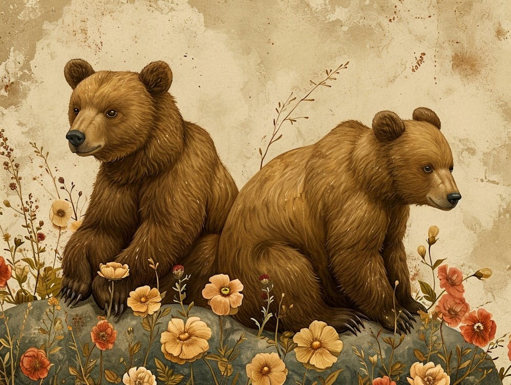 Floral Animal Illustration Brown Bear 3