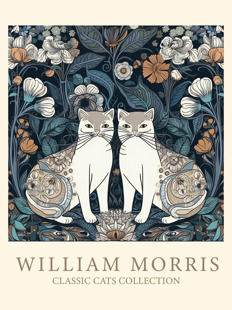 William Morris  Inspired  Classic Cats White Cats Blue