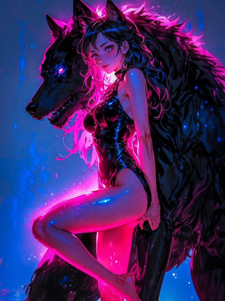 Sleek black wolf girl — a seductive dark werewolf in neon glow, igniting desires in the vivid world of animal fantasy and sexy manga.
