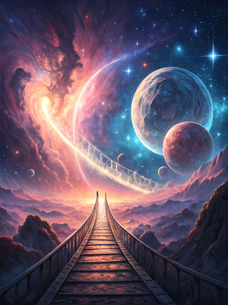 Oil Painting Style Surreal Cosmic Bridge to Planets Fantasy