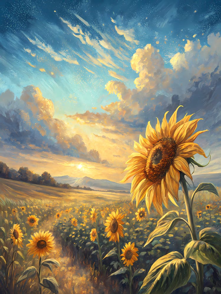 Ein helles Sonnenblumenfeld, das im Sonnenuntergang leuchtet, Ölgemälde-Stil