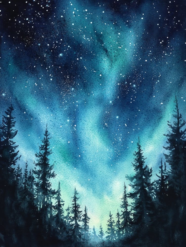 Northern Lights And Starry Sky, Stars And Blue Green Aurora Borealis with Pine Tree Forest, Dark Winter