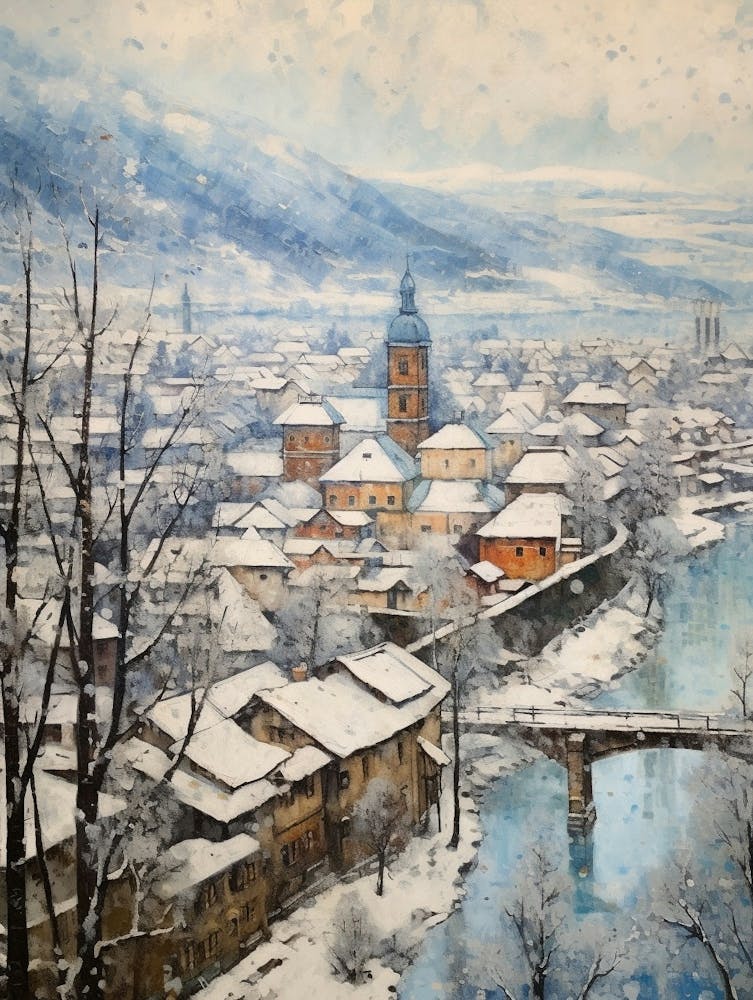 Vintage Winter Painting Salzburg Austria 3