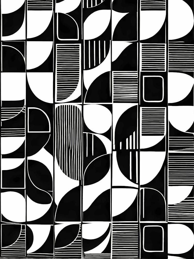 Retro Inspired Linocut Abstract Shapes Black And White Colors art, 202