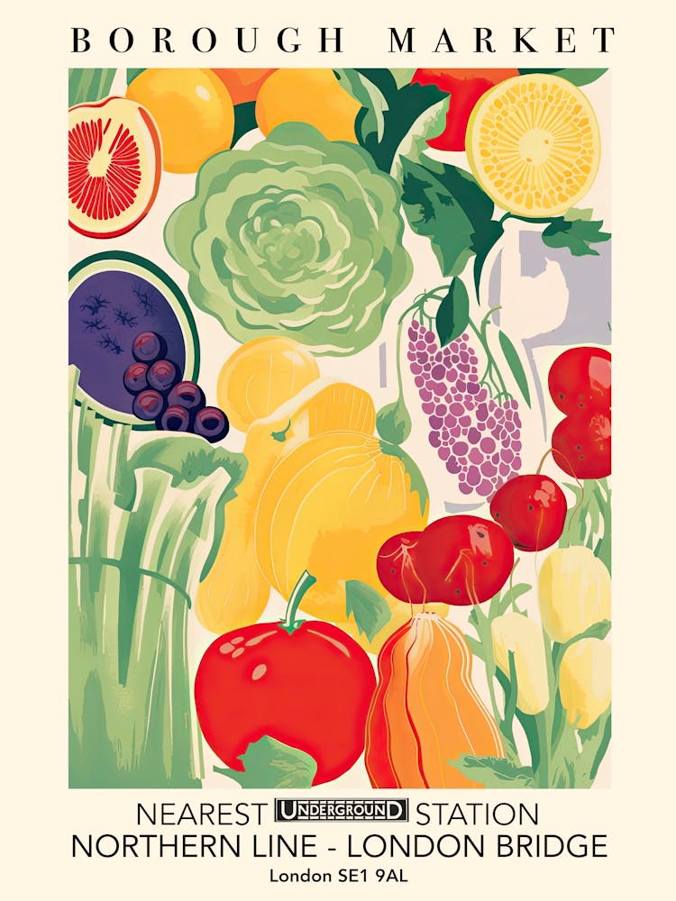 Borough Market Vintage Poster Kitchen Fruits And Veggies