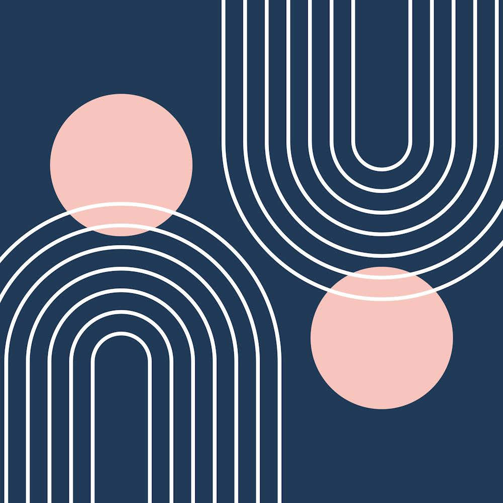 Mid Century Modern Geometric C4 In Navy Blue And Pastel Pink (Rainbow And Sun Abstraction) 02