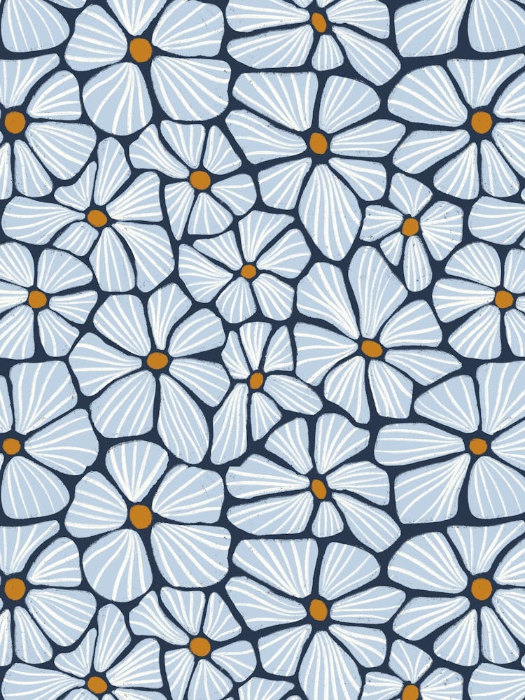 Flower Mosaic Blue Navy Textured Hand Drawn