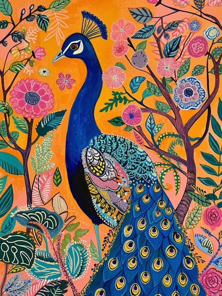 Folkloristisch-floraler Pfau mit den Pflanzen 2