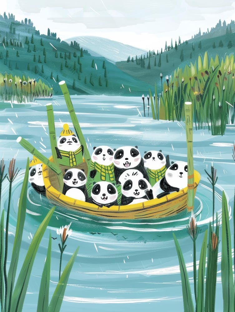 Panda Bears In A Boat