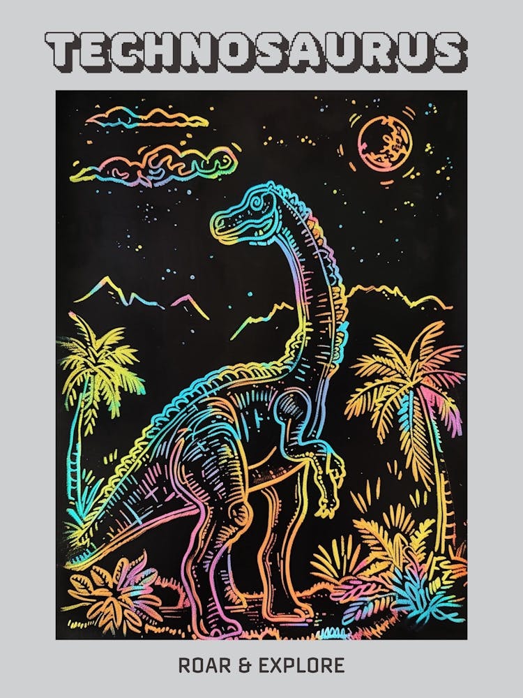 Colourful Dinosaur Neon Line Illustration 2 Poster