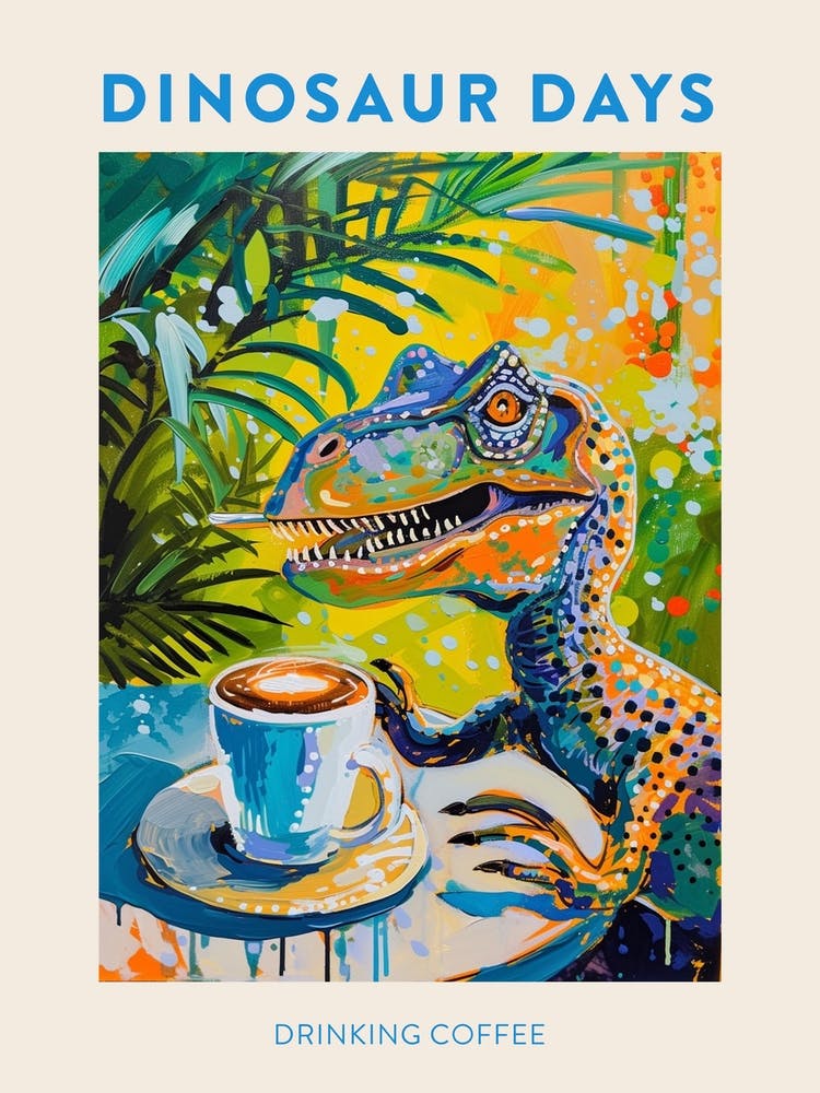 Drinking Coffee Orange Blue Dinosaur Poster