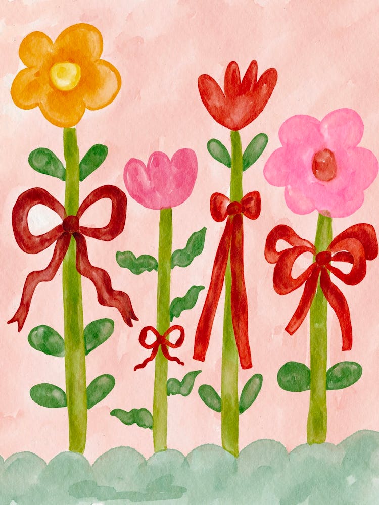 Watercolor Flowers With Bows