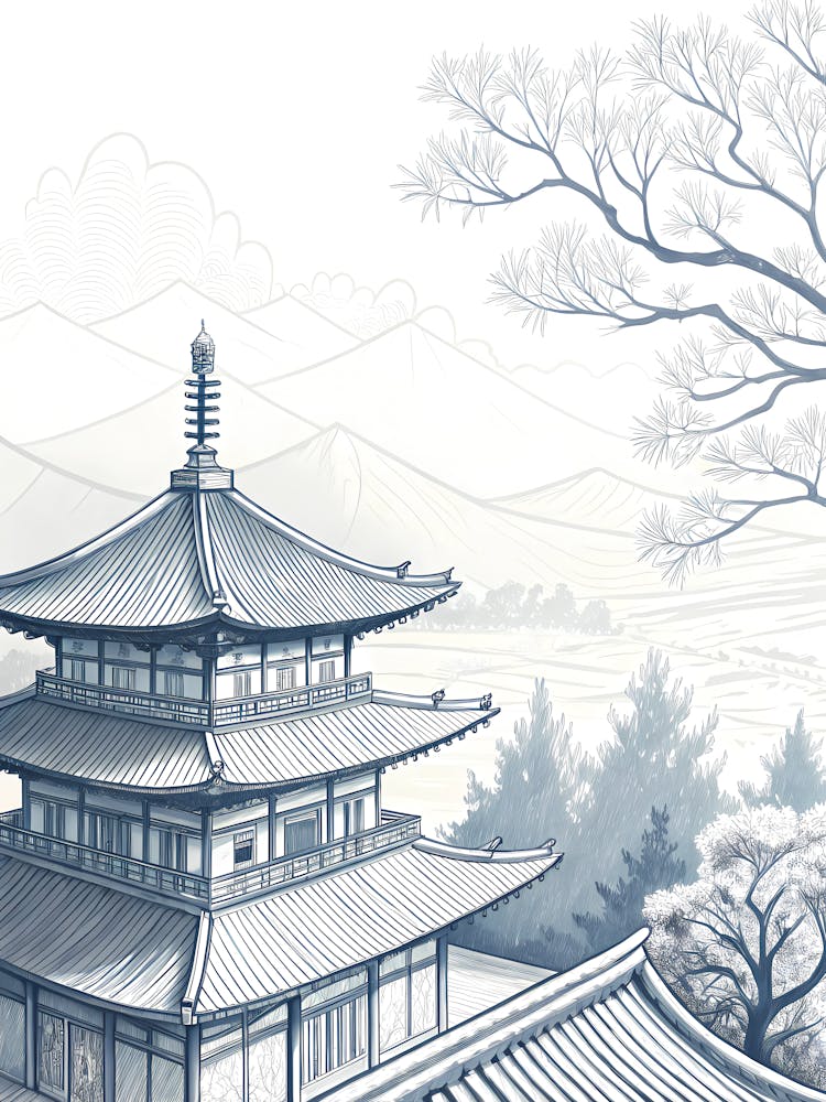 Minimalist Ink Sketch Of Zen Temple Rooftops Wit