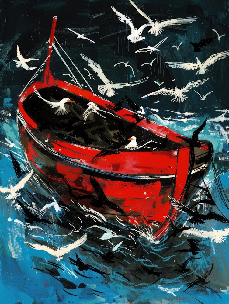 Red Boat With Seagulls