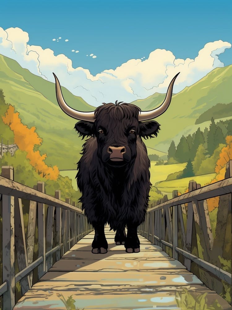 Animated Black Bull Crossing A Wooden Bridge 1