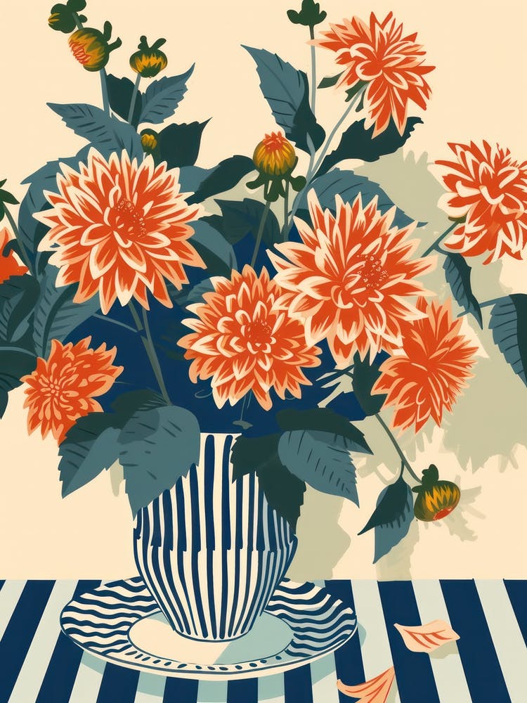 Dahlia Flowers On A Table   Contemporary Illustration 3