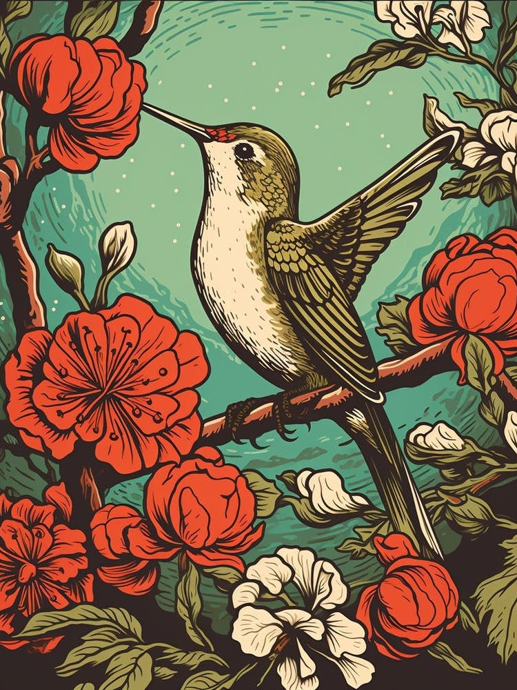 Vintage Bird Linocut Hummingbird 4