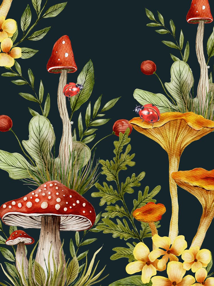 Seamless Pattern With Mushrooms And Flowers