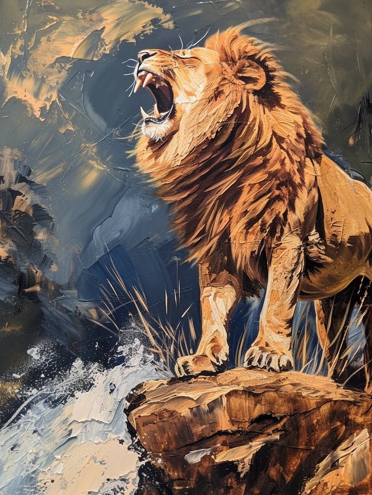 African Lion Roaring On A Cliff Acrylic Painting 1