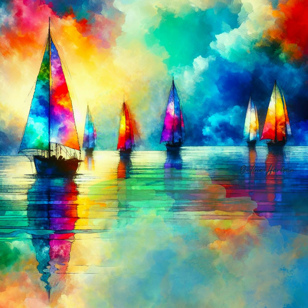 Sailboats Blue Sky Sunset Ocean Artwork Painting