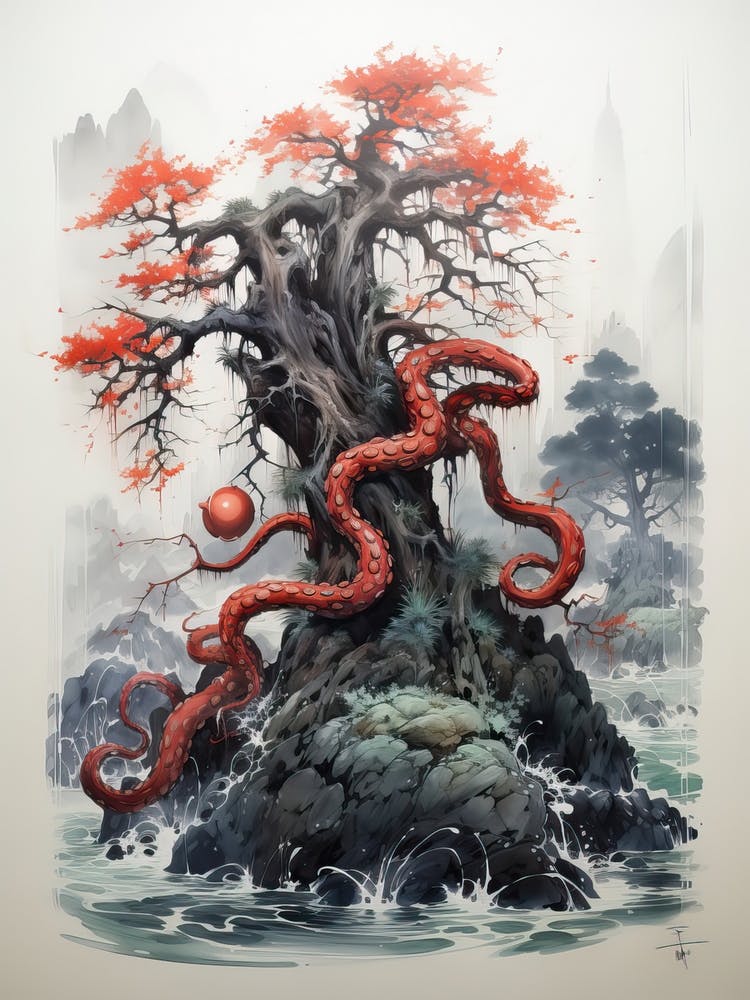 Oktopus, Japanische Pinselmalerei, Ukiyo E, Minimal 3