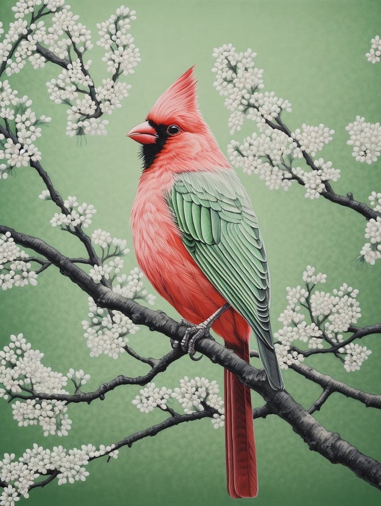 Ohara Koson Inspired Bird Painting Cardinal 2