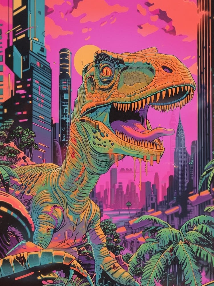 Neon Dinosaur Cityscape Portrait