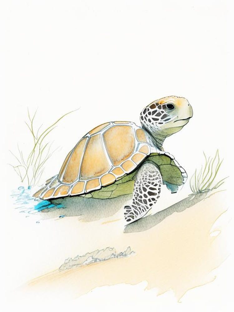 Hatching Sea Turtle, Sea Turtle Pencil Illustration 2