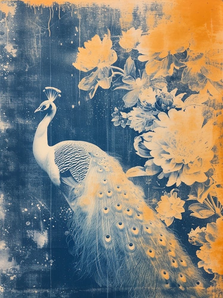 White Orange Blue Cyanotype Inspired Peacock 2
