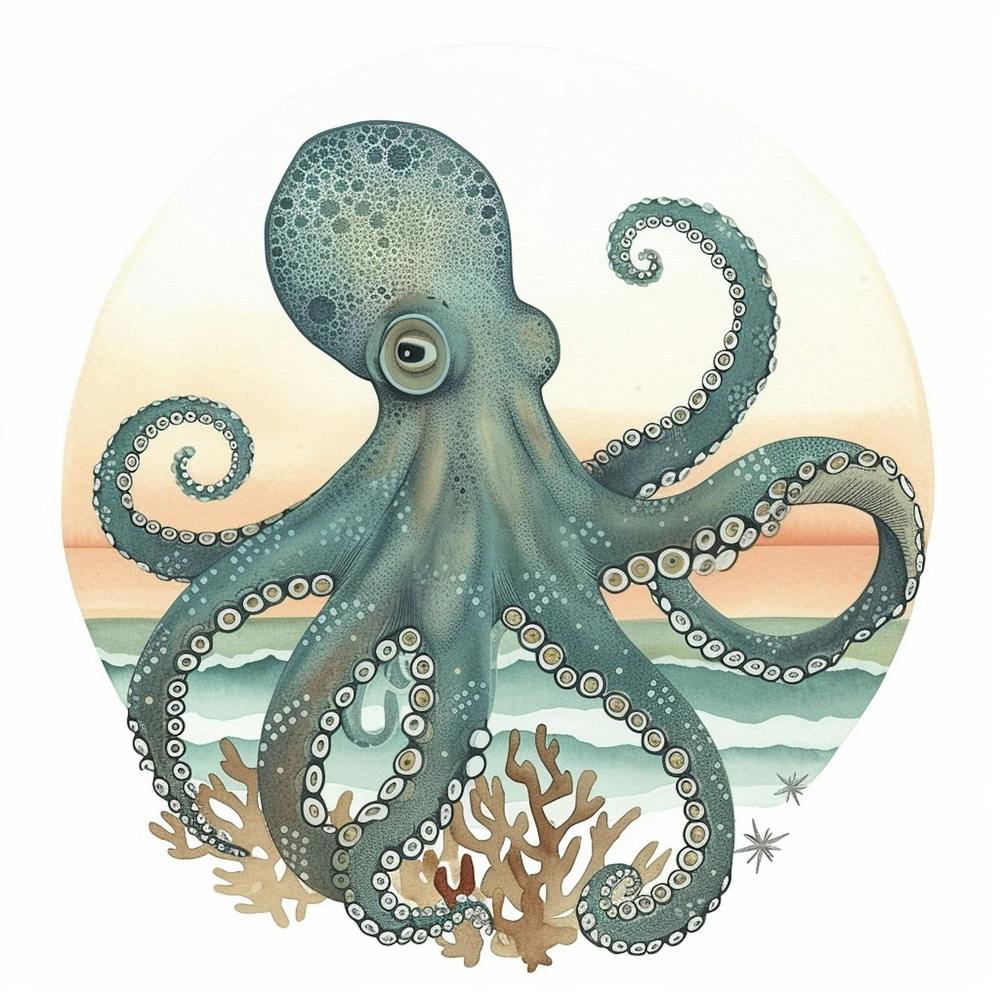 Storybook Style Octopus With Sunset 1