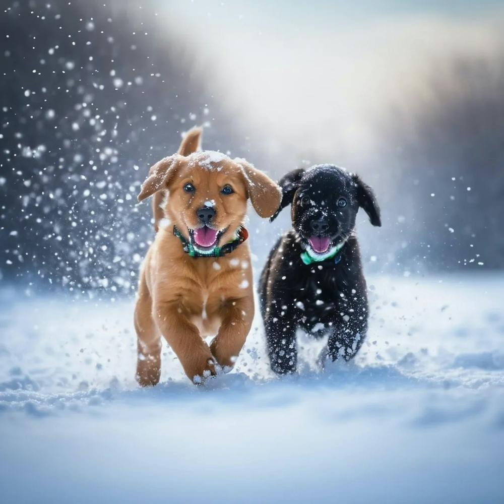 Two Dogs Running In The Snow