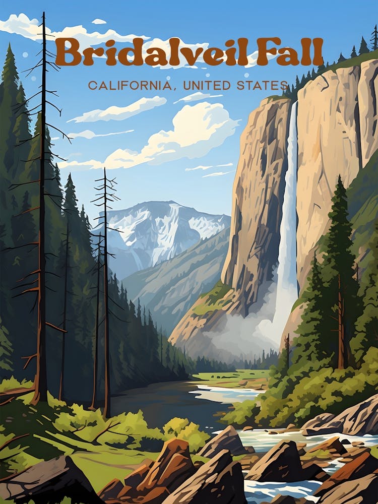 Bridalveil Fall California United States Yosemite Travel Illustration