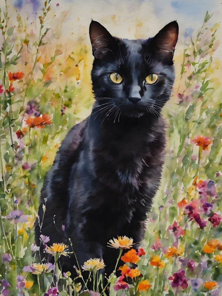 A Black Cat Amongst The Wildflowers - Summer Flowers Meadow Litha Traditional Watercolor Kitty Travels Home and Room Wall Art Cool Decor Klimt and Matisse Inspired Modern Awesome Cool Unique Pagan Witchy Witches Familiar Gift For Cats Lady Animal Lovers World Travelling Genuine Works by British Watercolour Artist Lyra O'Brien
