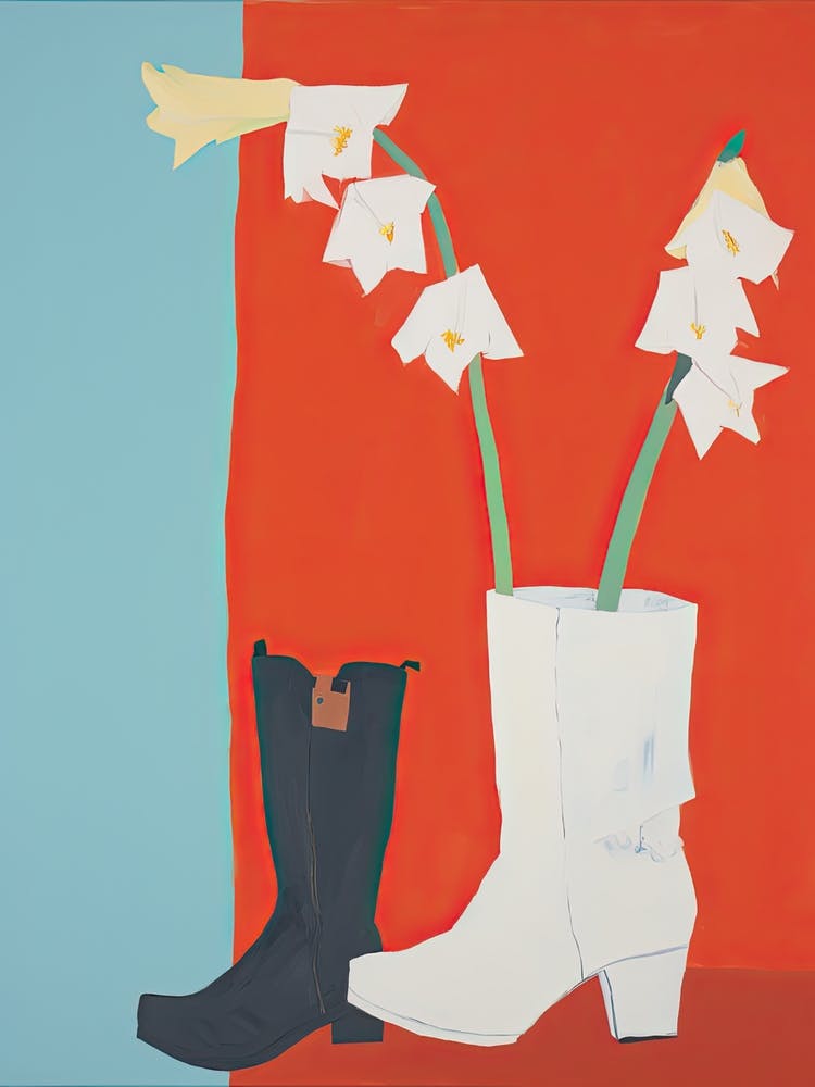 A Painting Of Cowboy Boots With White Flowers, Pop Art Style 6