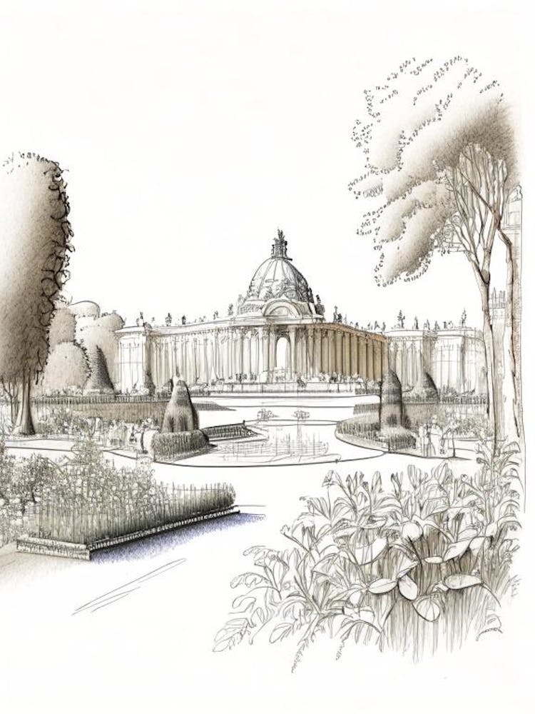 Park Of The Palace Of Versailles, France Vintage Pencil Drawing