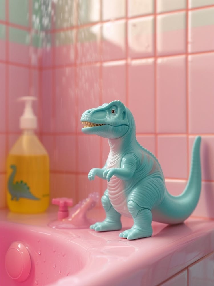Pastel Toy Dinosaur In A Bathroom