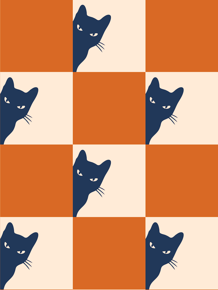 Playful Checker Board Cat Peeping Pattern 3 In Navy Blue Burnt Orange 01