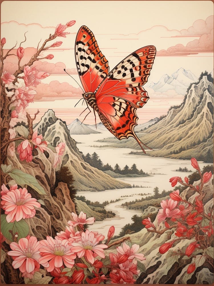 Pink Blush Flowers Butterfly Japanese Style Painting 2
