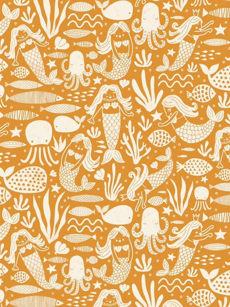 Underwater Mermaids and Sea Life Block Print White on Bright Orange Kids