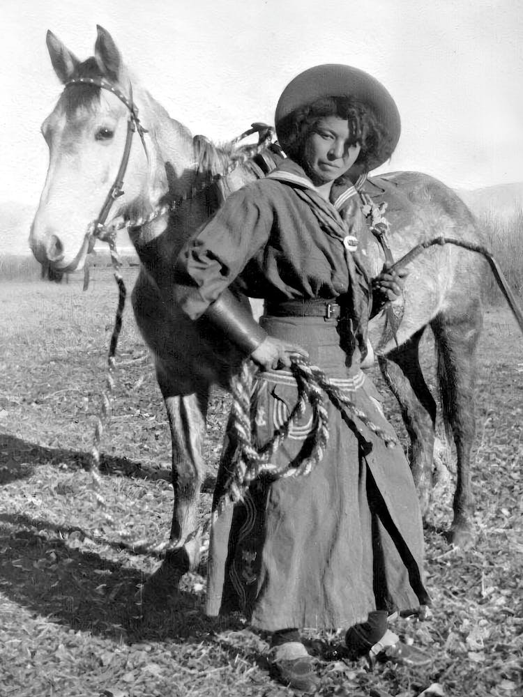 Black Cowgirl And Her Horse, Western Aesthetic, Vintage Black and White Old Photo