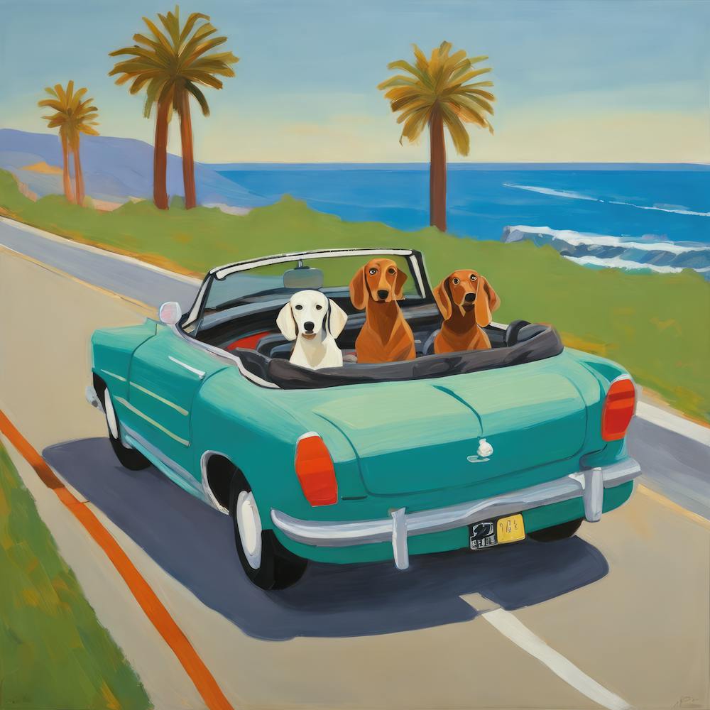 Dachshunds Dogs in Convertible Series. Style of David Hockney