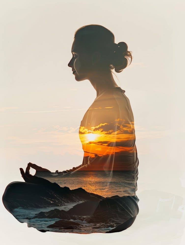Woman Meditating At Sunset