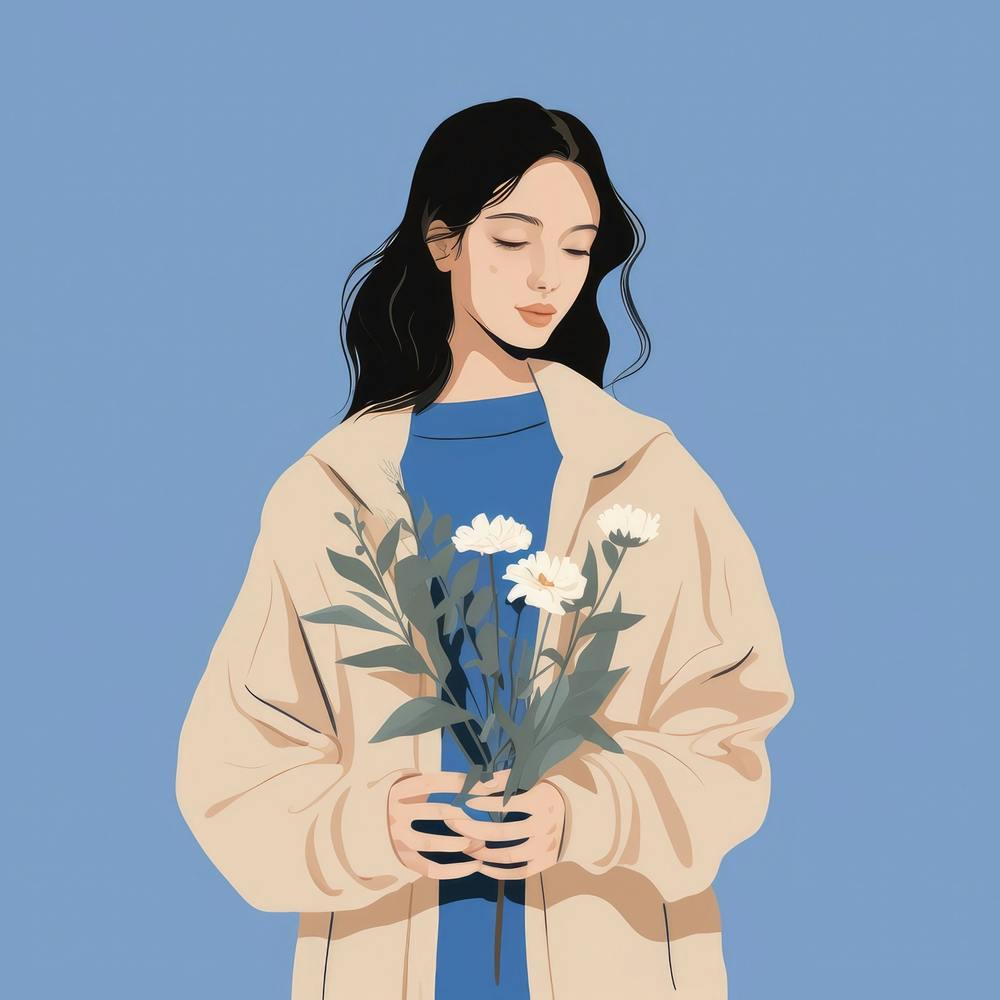 Asian Girl Holding Flowers