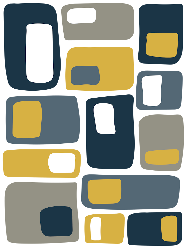 Mid Century Funky Geometric Shapes Navy Blue, Mustard Yellow
