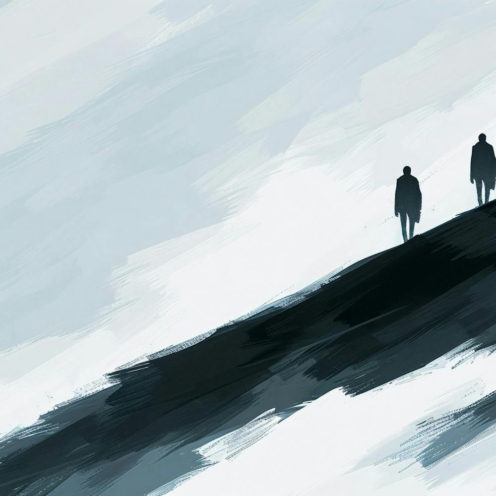 Two Men Walking Up A Hill
