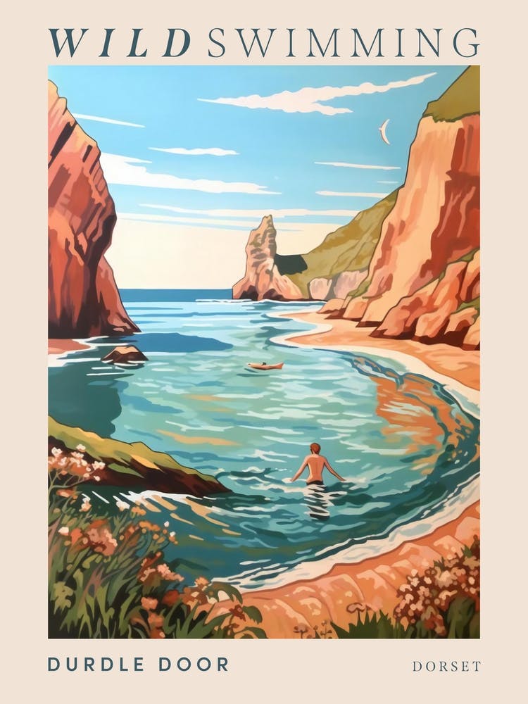 Wild Swimming At Durdle Door Dorset Poster