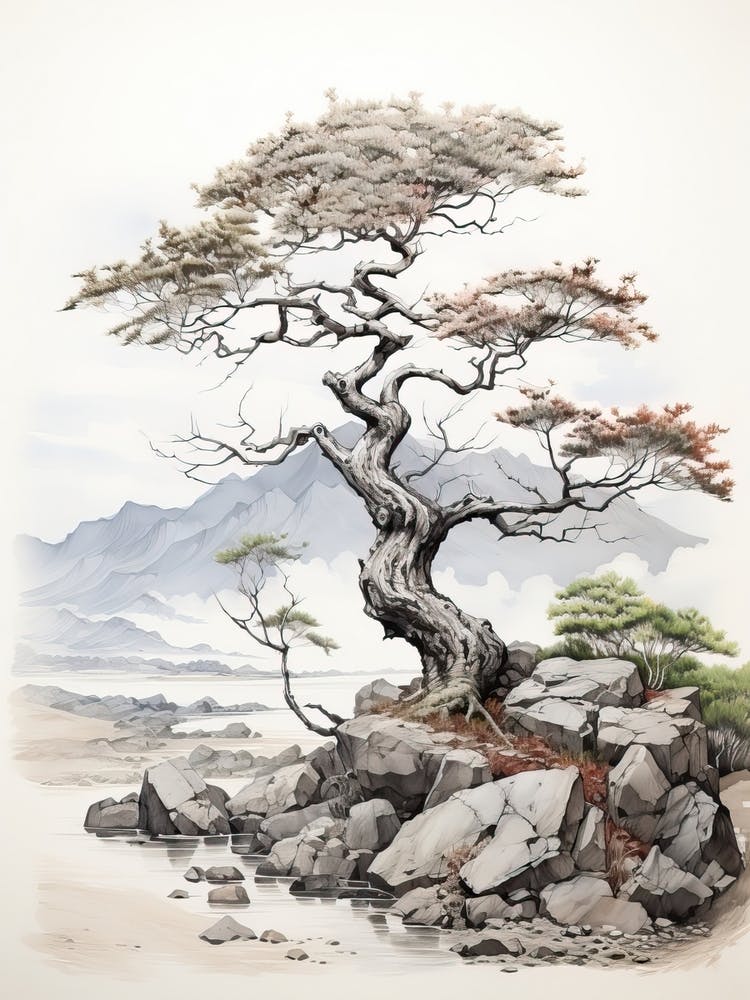 Yufuin In Oita,  Japanese Brush Painting, Sumi E, Minimal  2
