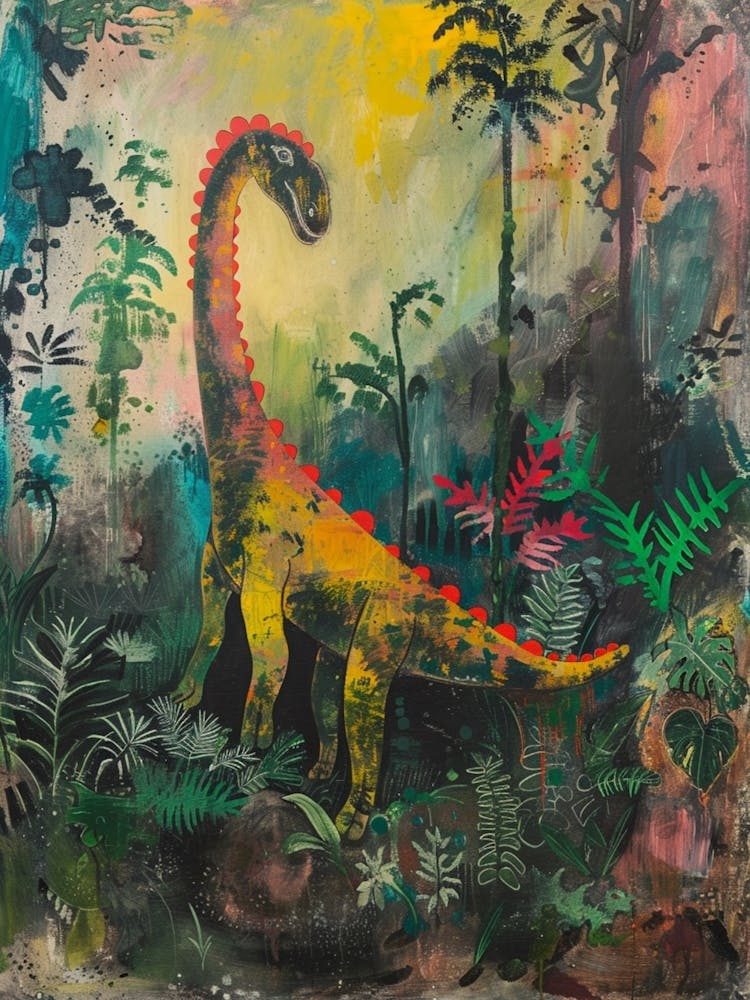 Colourful Dinosaur In The Leaves Painting 3
