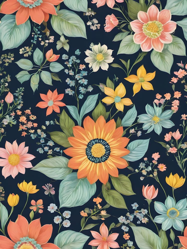 Painted Spring and Summer Flowers Boho Pattern - Navy Background Pink Yellow Orange Bohemian Wallpaper Art Like Amy Butler and William Morris Fabric Print For Lunar Pagan Gallery Feature Wall Floral Botanical Luna Lover HD