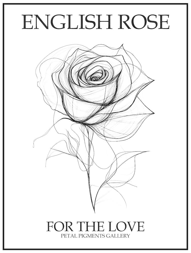 English Rose Black And White Line Drawing 2 Poster